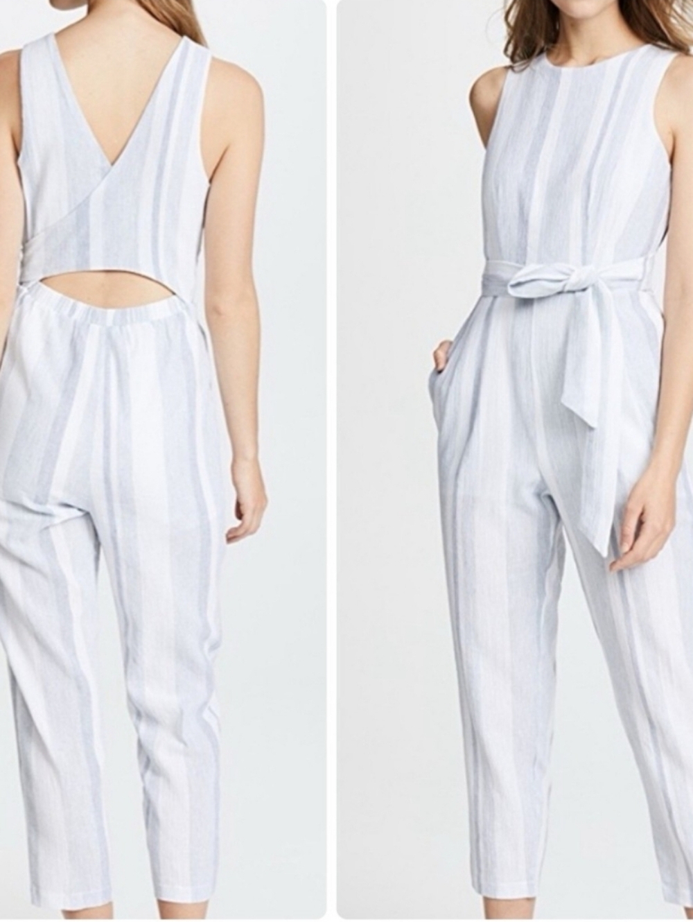 ASTR Presley Linen Blend Sky Blue Stripe Jumpsuit Size M $148